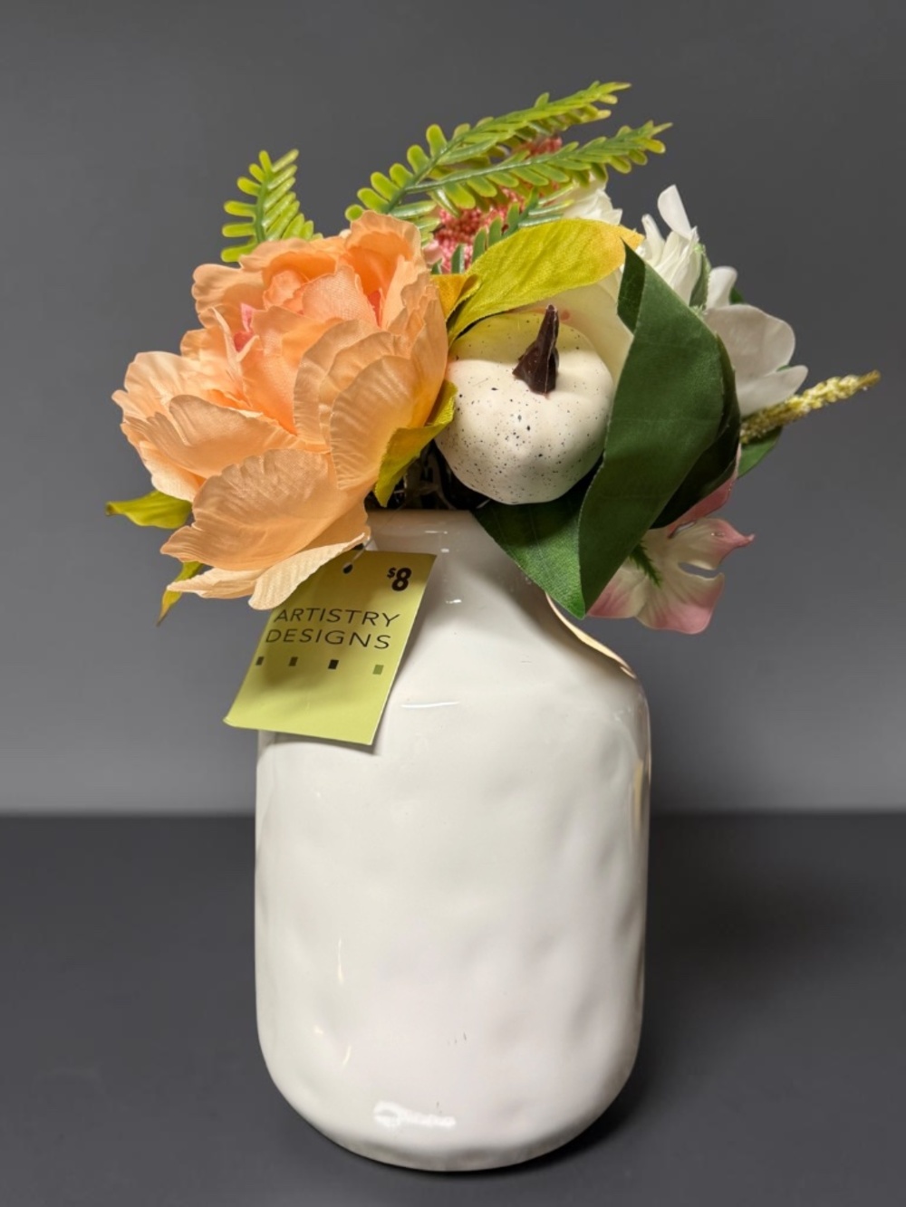 NWOT Fall Floral Arrangement White Pumpkin Ceramic Vase